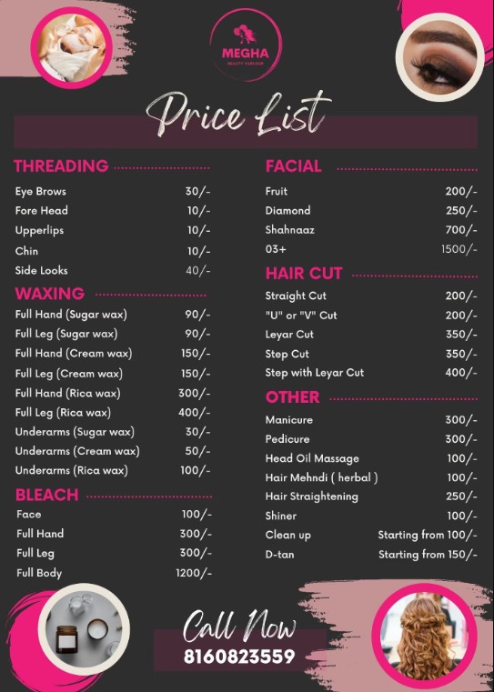 Beauty Parlour Menu Price List